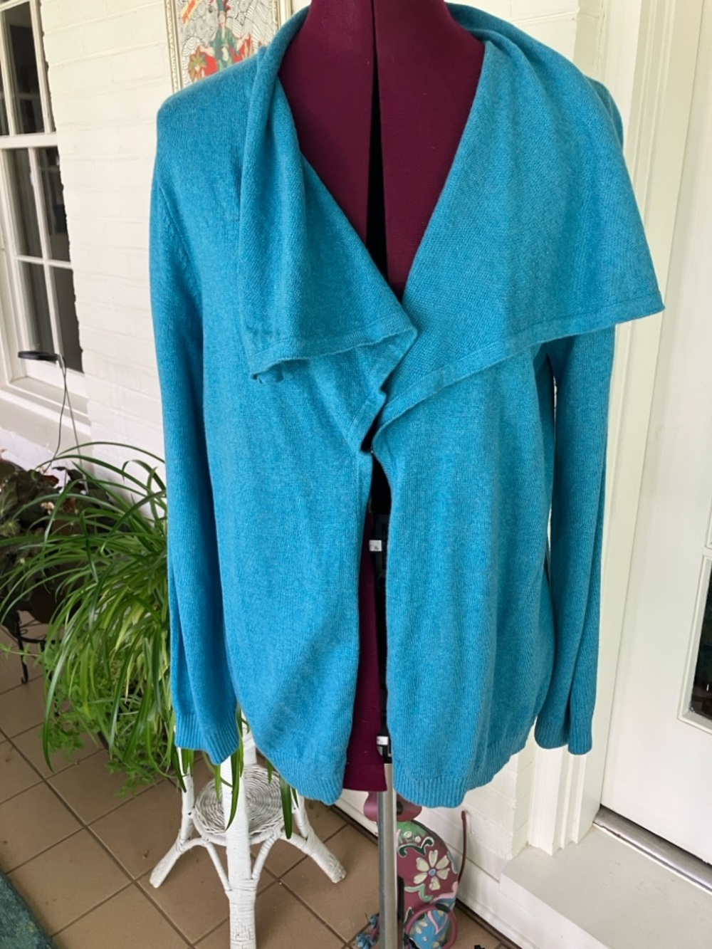 Lands' End Teal Open-Front Draped Cardigan cotton cashmere Large